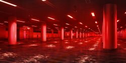  elevator flood game_asset highres indoors no_humans pillar red_theme scenery security_camera subway_station tactile_paving third-party_source tile_floor tiles touhou touhou_lostword vanishing_point water 