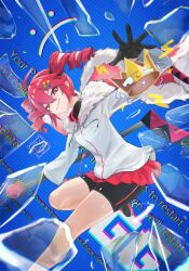  ahoge bike_shorts bike_shorts_under_shorts black_gloves blue_screen_of_death bright_pupils broken_glass cape crown drawstring drill_hair fiction_desu_(synthesizer_v) fur-trimmed_cape fur_trim glass glass_shards gloves gold_crown hair_between_eyes hair_ornament hair_tie hairclip highres holding holding_staff hood hoodie hoot_(00hoot) kasane_teto power_symbol-shaped_pupils red_cape red_eyes red_hair red_shorts shorts smile staff symbol-shaped_pupils synthesizer_v twin_drills utau white_hoodie white_pupils 