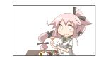  1girl :t buttons cup drinking_glass eating food food_on_face fork hair_flaps hair_ornament hair_ribbon highres kantai_collection knife long_hair looking_at_viewer meat nanakusa_nazuna pink_hair plate ponytail ribbon school_uniform serafuku side_ponytail simple_background solo table very_long_hair white_background wine_glass yura_(kantai_collection) 
