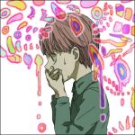  1boy copyright_request covering_mouth green_shirt ha.skr_(hasukara) lowres psychedelic shirt solo sweat wide-eyed 