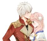  1boy 1girl atelier_(series) atelier_escha_&amp;_logy breasts cleavage closed_eyes couple escha_malier green_eyes hand_on_another&#039;s_head hetero logix_ficsario long_hair pink_hair short_hair silver_hair simple_background w_spread white_background 