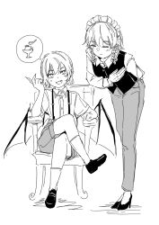  2girls absurdres alternate_costume bat_wings blush bowing butler chair closed_eyes closed_mouth collared_shirt commentary crossdressing crossdressing_(ftm) crossed_legs fang female_butler food gloves high_heels highres izayoi_sakuya long_hair long_sleeves ma_(22mabo) missing_headwear multiple_girls on_chair open_mouth pants pointy_ears pudding remilia_scarlet shirt shoes short_hair short_sleeves shorts sitting smile socks spoken_food suspender_shorts suspenders touhou untranslatable_commentary vest wings 