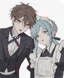  2boys alternate_costume apron black_jacket blazer blue_hair brown_eyes brown_hair butler buttons cross_tie crossdressing crossdressing_(mtf) ensemble_stars! green_eyes grey_background hair_between_eyes highres jacket lapels long_hair looking_at_viewer maid maid_apron maid_headdress male_focus male_maid morisawa_chiaki multiple_boys nazuna_(nazuna_su) notched_lapels open_clothes open_jacket open_mouth parted_bangs shinkai_kanata short_hair sidelocks simple_background tongue tongue_out white_apron wingtip_collar 