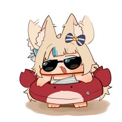  1girl absurdres animal_ear_fluff animal_ears blonde_hair bow cat_ears cat_girl chibi commentary facing_viewer fang full_body hair_bow highres indie_virtual_youtuber innertube long_hair motion_blur nyangjog open_mouth sameko_saba simple_background solo standing sunglasses swim_ring untranslatable_commentary virtual_youtuber white_background 