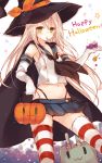  1girl adapted_object blonde_hair blush candy cape green_eyes halloween happy_halloween hat jack-o&#039;-lantern kantai_collection kasu_(return) long_hair mouth_hold navel rensouhou-chan shimakaze_(kantai_collection) solo witch_hat 