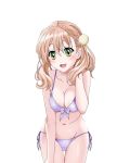  1girl atelier_(series) atelier_escha_&amp;_logy bikini breasts brown_hair cleavage escha_malier green_eyes looking_at_viewer navel open_mouth side-tie_bikini simple_background solo swimsuit white_background 