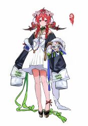  1girl absurdres ahoge animal_ears animal_skull ankle_ribbon bare_legs bare_shoulders beads black_eyes black_shoes braid braided_twintails center-flap_bangs chinese_commentary commentary commission cow_ears cow_girl cow_horns detached_sleeves dress expressionless flower full_body fur-trimmed_sleeves fur_trim hair_flower hair_intakes hair_ornament hair_over_shoulder hair_rings highres horn_ornament horn_ribbon horns leg_ribbon long_sleeves looking_at_viewer low_twintails mandarin_collar original pink_flower pom_pom_(clothes) pom_pom_hair_ornament poxiao_buff puffy_sleeves red-eye_effect red_hair ribbon shoes short_dress simple_background skull_hair_ornament sleeveless sleeveless_dress sleeves_past_fingers sleeves_past_wrists solo tassel twin_braids twintails white_background white_dress 