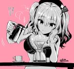  1girl beret bra breasts cleavage coffee_pot cup gloves hat heart kantai_collection kashima_(kantai_collection) kojima_saya monochrome pink_background saucer simple_background smile solo twintails underwear underwear_only 