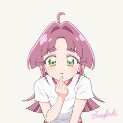  1girl ahoge finger_to_mouth fuefukipiper green_eyes gym_uniform hair_intakes highres kobayashi_mikuru long_eyelashes long_hair looking_at_viewer meitantei_precure! open_mouth parted_bangs precure purple_hair shirt signature violet_eyes white_background white_shirt 