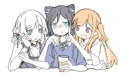  3girls ah_lang_(user_wgfm8753) arm_rest blakc_hair blonde_hair blue_eyes blush braid braided_hair_rings chinese_commentary cho_kaguya-hime! commentary_request cone_hair_bun cup drinking_glass girl_sandwich green_eyes hair_bun hair_rings highres ice ice_cube kaguya_(cho_kaguya-hime!) looking_at_another multicolored_hair multiple_girls open_mouth partially_colored pink_hair red_eyes runami_yachiyo sakayori_iroha sandwiched short_sleeves simple_background sketch two-tone_hair upper_body violet_eyes white_background white_hair 
