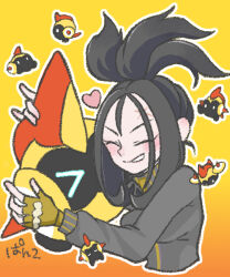  >_< 1girl black_hair blush closed_eyes commentary_request dendra_(pokemon) falinks fingerless_gloves gloves gradient_background holding holding_pokemon hug long_hair long_sleeves otafoofoo_(pan2trunks) outline pokemon pokemon_(creature) pokemon_scarlet_and_violet scar scar_on_face scar_on_forehead smile topknot white_outline yellow_background yellow_gloves 