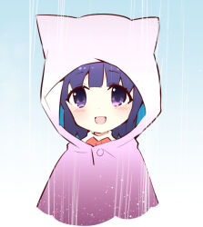  1girl animal_hood blue_hair blush commentary_request furude_rika higurashi_no_naku_koro_ni hood hood_up long_hair looking_at_viewer open_mouth pink_raincoat rain raincoat shirt solo suzuragi_karin violet_eyes white_shirt 