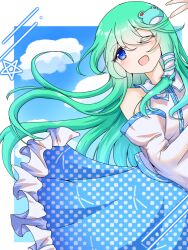  1girl :d ;d arm_up bare_shoulders blue_eyes blue_skirt blue_sky blue_trim blush border clouds collared_shirt commentary_request detached_sleeves dot_nose eyelashes eyes_visible_through_hair frilled_skirt frills frog_hair_ornament green_hair hair_between_eyes hair_ornament highres kochiya_sanae long_hair long_sleeves looking_to_the_side medium_skirt one_eye_closed open_mouth outside_border polka_dot polka_dot_skirt saigyouji_natsuki shirt skirt sky smile solo star_(symbol) touhou upper_body v very_long_hair white_border white_shirt white_sleeves wide_sleeves 