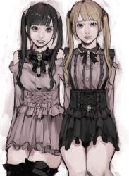  2girls aegyo_sal arms_behind_back asymmetrical_bangs black_bow black_collar black_eyes black_hair black_necktie black_skirt black_thighhighs blonde_hair blunt_bangs bow center_frills closed_mouth clothing_cutout collar cross-laced_clothes cross-laced_skirt eyebrow_piercing eyelashes face_piercing fangs frilled_shirt frilled_skirt frilled_suspenders frilled_thighhighs frills fur-trimmed_shirt fur_hair_tie fur_trim hair_over_shoulder hand_on_another's_back high-waist_skirt highres invisible_chair jirai_kei knees_out_of_frame lace_collar layered_skirt light_smile lip_piercing lip_ring lipgloss lips long_hair looking_at_viewer multiple_girls muted_colors necktie nose off-shoulder_shirt off_shoulder original pearl_buttons piercing pink_bow pink_shirt pink_skirt round_collar see-through_collar shirt shoulder_cutout side_labret_piercing sidelocks simple_background sitting skirt skirt_bow suspender_skirt suspenders teeth thigh-highs twintails white_background ystty0 