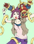  1girl angry arms_up hoop k_(k_o_u_i_c_h_i) lowres mecha oekaki outstretched_arms pants purple_hair short_hair shouting solo spread_arms 
