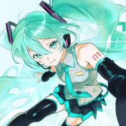  1girl aqua_belt aqua_eyes aqua_hair aqua_nails aqua_necktie aqua_trim bare_shoulders belt black_skirt black_sleeves black_thighhighs commentary detached_sleeves grey_shirt hair_between_eyes hair_ornament hatsune_miku headphones headset highres long_hair looking_at_viewer mangre_e2 name_tag necktie number_tattoo pleated_skirt shirt shoulder_tattoo skirt sleeveless sleeveless_shirt solo sparkle tattoo thigh-highs tie_clip twintails two-tone_skirt very_long_hair vocaloid white_background wing_collar zettai_ryouiki 