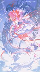  2girls absurdres akemi_homura akemi_homura_(magical_girl) bird black_hair bow bow_choker chinese_commentary choker clock closed_eyes commentary_request complementary_colors dabaijiang_memeda hair_bow hand_on_another's_back highres kaname_madoka kaname_madoka_(magical_girl) long_hair mahou_shoujo_madoka_magica mahou_shoujo_madoka_magica_(anime) multiple_girls outstretched_arms pink_hair puffy_short_sleeves puffy_sleeves red_choker red_ribbon ribbon short_hair short_sleeves short_twintails skirt spread_arms twintails white_bird white_skirt 