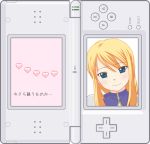  1girl agrias_oaks armor blonde_hair blue_eyes braid final_fantasy final_fantasy_tactics handheld_game_console higure_garden knight long_hair love_plus nintendo_3ds nintendo_ds single_braid solo tagme 