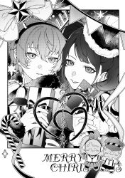  2girls absurdres animal_ear_hairband animal_ears antlers artist_request bell bow candy candy_cane chibi chibi_inset chinese_commentary commentary_request commission earrings fake_animal_ears food fur_trim gift gingerbread_man greyscale hair_between_eyes hairband hand_up hands_up hat heart highres holding holding_gift horns jewelry kujikawa_rise lips long_hair long_sleeves looking_at_viewer merry_christmas monochrome multiple_girls neck_bell parted_lips persona persona_4 polaroid_photo reindeer_antlers ribbon santa_hat second-party_source shirogane_naoto short_hair smile sparkle star_(symbol) string_of_flags swept_bangs twintails yuri 