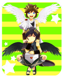  2boys angel angel_wings armlet black_hair black_wings box dark_pit gold_armlet green_background jewelry jon0827 kid_icarus kid_icarus_uprising laurel_crown looking_at_viewer male_focus multiple_boys open_mouth pit_(kid_icarus) red_eyes sitting smile star_(symbol) striped_background two-tone_background white_wings wings yellow_background 