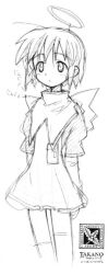  1girl ahoge angel angel_wings archived_source blush closed_mouth dress graphite_(medium) greyscale halo high_collar layered_sleeves long_sleeves mini_wings monochrome original puffy_sleeves short_dress short_hair sketch solo spiky_hair takano_otohiko traditional_media wings 