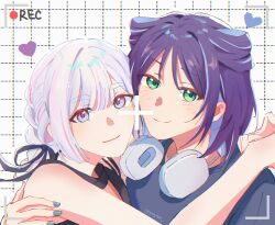  2girls absurdres black_dress black_ribbon blue_nails blue_shirt blush braid cho_kaguya-hime! colored_inner_hair commentary cone_hair_bun couple dress green_eyes hair_bun hair_ribbon headphones headphones_around_neck heart highres hug multicolored_hair multiple_girls nail_polish pink_eyes purple_hair recording ribbon runami_yachiyo sakayori_iroha shirt sleeveless sleeveless_dress viewfinder white_hair yang1901 yuri 