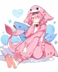 1girl absurdres animal_hood bandaid bandaid_on_cheek bandaid_on_face bandaid_on_nose barefoot black_hairband blush chinese_commentary commentary fins fish_tail fuchsia_(strinova) full_body hair_over_one_eye hairband heart heart_background highres hood hood_up hooded_pajamas loungewear low_ponytail medium_hair onesie pajamas pillow pink_eyes pink_hair pink_pajamas ponytail pout poxiao_buff shark shark_tail sitting soles solo strinova tail white_background 