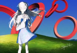  1girl abstract_background artist_name bliss_(image) blue_dress blue_flower blue_sky camera dress feet_out_of_frame field floating_hair flower grey_eyes grey_hair hair_flower hair_ornament hair_over_one_eye highres holding holding_camera isekaijoucho kamitsubaki_studio long_hair pantyhose shrug_(clothing) sky solo spamnav virtual_youtuber white_pantyhose white_shrug 
