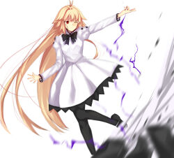  1girl antenna_hair arcueid_brunestud arm_up attack black_bow black_pantyhose black_shoes blonde_hair bow buttons debris dress eco-arc electricity empty_eyes floating_hair frilled_dress frilled_sleeves frills hair_between_eyes hair_intakes hand_up iro_(sekaixiro) long_hair looking_to_the_side melty_blood melty_blood:_type_lumina one_eye_closed pantyhose red_eyes shoes sidelocks standing standing_on_one_leg tsukihime tsukihime_(remake) very_long_hair white_dress 