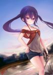  1girl absurdres casual gochuumon_wa_usagi_desu_ka? gun handgun highres long_hair oshishio pistol purple_hair revolver shorts standing tedeza_rize twintails violet_eyes weapon 