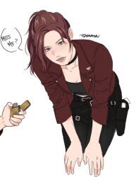  1girl artist_name black_shirt blue_eyes breasts brown_hair claire_redfield commentary cowboy_shot disembodied_hand english_commentary english_text eyelashes freckles hands_on_own_knees highres holding holding_lighter holster jacket leaning_forward lighter looking_at_viewer open_clothes open_jacket red_jacket resident_evil resident_evil_veronica shirt simple_background small_breasts speech_bubble talking thigh_holster tsarwenn white_background 