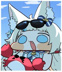  >_< 1girl :3 absurdres animal animal_ear_fluff animal_ears backlighting blonde_hair blue_background blue_eyes blue_sky border bow cat_ears cat_girl chibi clouds commentary crab dress eyewear_on_head fang fins fish_tail hair_bow highres holding holding_animal indie_virtual_youtuber long_hair nyangjog open_mouth sameko_saba sky solo sunglasses tail untranslatable_commentary upper_body virtual_youtuber white_border white_dress 