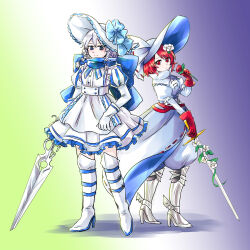  2girls alternate_costume alternate_headwear armored_boots belt blue_belt blue_bow blue_eyes blue_scarf boots bow braid camellia commentary_request dress flower frilled_dress frills full_body gloves gloves_over_sleeves gradient_background green_background grey_hair hair_bow hair_flower hair_ornament hajimakura hat hat_bow high_collar high_heels highres holding holding_flower holding_sword holding_weapon izayoi_sakuya izayoi_sakuya_(devilish_white_flower_knight) juliet_sleeves knee_boots leg_belt long_hair long_sleeves looking_at_viewer multiple_girls puffy_sleeves purple_background red_belt red_eyes red_flower red_gloves red_hair red_rose ribbon-trimmed_bow ribbon_trim rose scarf sekibanki short_hair sword thigh_boots touhou touhou_lostword twin_braids twitter_username watch weapon white_boots white_bow white_dress white_flower white_gloves white_hat 