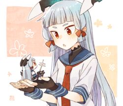  2girls ark_kan black_gloves blue_hair blue_sailor_collar blunt_bangs blush clone commentary_request dress fingerless_gloves flower_symbol gloves hair_ribbon headgear holding kantai_collection long_hair mini_person minigirl multiple_girls murakumo_(kancolle) neckerchief open_hands parted_lips red_eyes red_neckerchief ribbon rigging sailor_collar sailor_dress sidelocks signature simple_background tress_ribbon very_long_hair 
