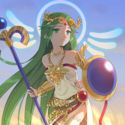  1girl arm_shield blue_halo blue_sky chain circlet cowboy_shot gold_chain green_eyes green_hair halo halo_behind_head holding holding_staff jewelry kid_icarus kid_icarus_uprising klaeia palutena pendant signature sky solo staff thigh-highs white_thighhighs 