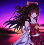  1girl brown_eyes brown_hair detached_sleeves hair_ornament hakurei_reimu long_hair looking_at_viewer meng_xiao_jiong outdoors smile solo touhou 