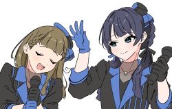  2girls 6th_live_dream_~bloom_garden_party~ :d ahoge asymmetrical_gloves awoke_(love_live!) black_gloves black_jacket black_ribbon blue_eyes blue_gloves blue_hat blue_ribbon brown_hair closed_mouth commentary_request dollchestra gloves hair_ribbon hat heart heart_ahoge holding holding_microphone jacket kachimachi_kosuzu llkapital long_hair looking_at_another love_live! love_live!_hasu_no_sora_jogakuin_school_idol_club low_twintails microphone mismatched_gloves mole mole_on_neck multiple_girls murano_sayaka open_mouth ribbon side_ahoge simple_background singing smile teeth three-quarter_sleeves twintails two-handed upper_body upper_teeth_only virtual_youtuber white_background 