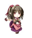  1girl animal_ears black_hair blush brown_hair chibi hair_ribbon highres japanese_clothes kuena long_hair mole mole_under_eye nekone_(utawareru_mono) red_eyes ribbon simple_background solo tail utawareru_mono utawareru_mono:_itsuwari_no_kamen white_background 