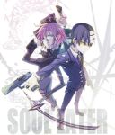  1boy androgynous back-to-back black_hair blue_eyes crona_(soul_eater) death_the_kid expressionless full_body gun ha.skr_(hasukara) looking_at_viewer messy_hair pink_hair soul_eater standing sword weapon yellow_eyes 