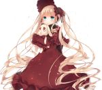  1girl aqua_eyes blonde_hair bonnet doll_hug dress drill_hair kasu_(return) kunkun lace-trimmed_dress long_hair red_dress rozen_maiden shinku solo very_long_hair white_background 