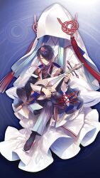  1boy 1girl aqua_hair black_socks blue_background coat game_asset geta giant giantess gradient_pants grimms_notes grin guitar half-closed_eyes hand_up haori holding holding_guitar holding_instrument id_card instrument japanese_clothes kimono lafcadio_(grimms_notes) long_sidelocks long_sleeves looking_at_viewer multicolored_hair nanokak non-web_source official_art one_eye_covered open_clothes open_coat pants pink_eyes pink_hair purple_hair purple_haori purple_pants sidelocks smile socks two-tone_hair white_coat white_kimono 