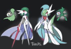  2others arm_blade artist_name cape colored_skin fusion gallade gardevoir hair_over_one_eye holding holding_sword holding_weapon mega_gallade mega_gardevoir mega_pokemon mega_stone multiple_others pokemon pokemon_(creature) sword tubz_az weapon white_cape white_skin 
