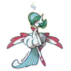  1girl artist_name colored_skin fusion gallade gardevoir green_hair hair_over_one_eye highres itskaligary mega_evolution_symbol mega_gallade mega_pokemon open_mouth pokemon pokemon_(creature) simple_background white_background white_skin 