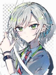  1girl blush bracelet closed_mouth collared_shirt commentary diagonal-striped_clothes diagonal-striped_necktie dot_nose drop_shadow green_eyes grey_hair grey_jacket hand_up highres hinomori_shiho holding holding_instrument instrument jacket jewelry lapels looking_at_viewer necktie notched_lapels oda_kogane open_clothes open_jacket project_sekai shirt short_hair sidelocks simple_background sketch solo star_(symbol) star_symbol_background striped_clothes striped_necktie three-quarter_sleeves upper_body white_background white_shirt wing_collar wristband 