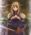  agrias_oaks armor blonde_hair breastplate brown_gloves elbow_pads final_fantasy final_fantasy_tactics gloves holding_sword holding_weapon long_hair lowres moromiso_(miara427) serious shoulder_pads sword upper_body weapon yellow_eyes 