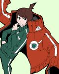  1girl brown_hair coat hand_on_own_face k_(k_o_u_i_c_h_i) looking_away lowres oekaki original ponytail serious short_hair solo track_suit 