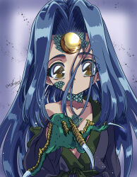  1girl absurdres akasi0807 animal_hands black_kimono black_sash blue_hair brown_eyes claws closed_mouth commentary_request curtained_hair dot_mouth dragon_girl forehead_jewel green_scales hair_between_eyes hand_up highres japanese_clothes kimono long_hair off_shoulder orb original reaching reaching_towards_viewer sash signature single_off_shoulder solo upper_body 
