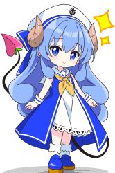  1girl alternate_costume alternate_eye_color alternate_hair_color arms_at_sides blue_bow blue_dress blue_eyes blue_hair blue_shoes blush bow brown_horns closed_mouth commentary_request curled_horns curly_hair curly_sidelocks demon_girl demon_horns demon_tail dot_nose dress full_body hat hat_bow highres horns kotatsu-mazoku lilith_(homunculus)_(machikado_mazoku) lilith_(machikado_mazoku) long_hair looking_at_viewer machikado_mazoku neckerchief sailor_collar sailor_dress sailor_hat shoes simple_background sleeveless sleeveless_dress smile socks solo sparkle standing tail white_background white_hat white_sailor_collar white_socks wrist_cuffs yellow_neckerchief 