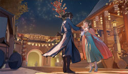  1boy 1girl absurdres architecture black_hair blush chinese_clothes cloak east_asian_architecture fireworks flower from_below fur_cloak green_shoes green_skirt hair_flower hair_ornament hair_ribbon highres incredibly_absurdres jar lantern legend_of_mortal long_skirt long_sleeves mu_liu_zi night people red_ribbon ribbon scenery shoes skirt standing tanghulu tanghulu_stand tiptoes white_sleeves ye_yunshang zhao_huo 