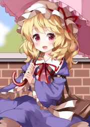  1girl bag blonde_hair blush brick_wall brown_bag collared_dress commentary_request day dress frilled_sleeves frills hat hat_ribbon highres holding holding_umbrella long_hair long_sleeves looking_at_viewer maribel_hearn mob_cap neck_ribbon open_mouth outdoors parasol pink_umbrella purple_dress red_ribbon ribbon ribbon-trimmed_collar ribbon_trim ruu_(tksymkw) shoulder_bag smile solo touhou umbrella white_hat wide_sleeves 
